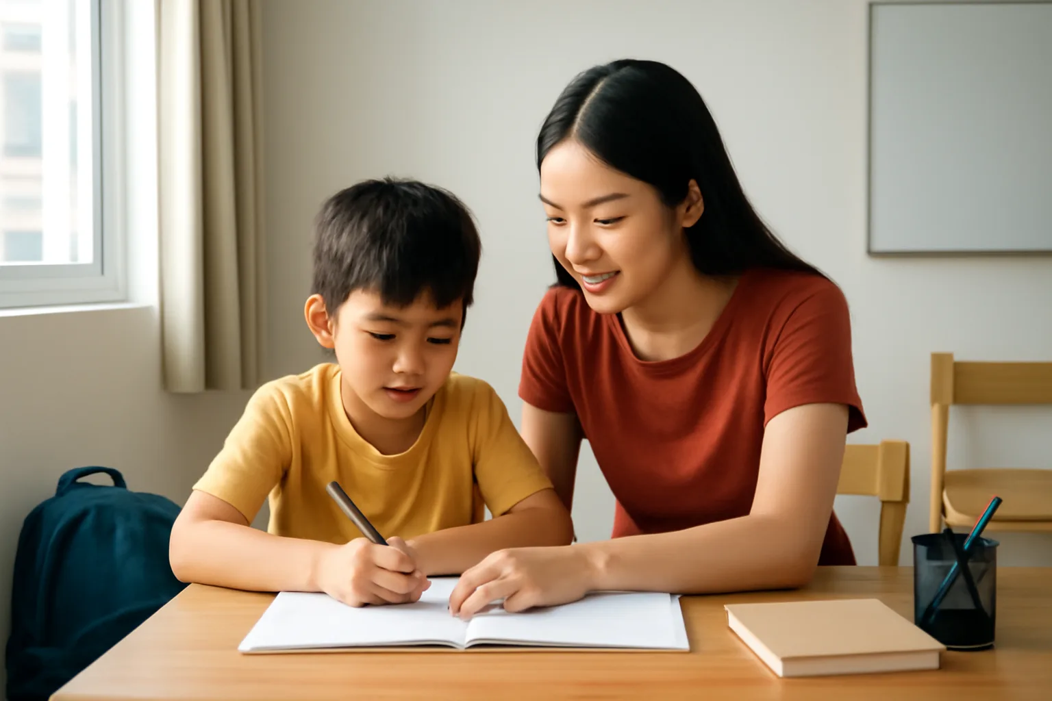 Người chị trẻ kèm em trai nhỏ học bài bên bàn gỗ trong căn phòng trọ sáng