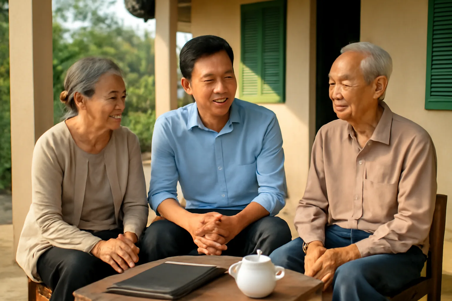 Người con trung niên ngồi cùng cha mẹ già ở hiên nhà quê, xem giấy tờ gia đình