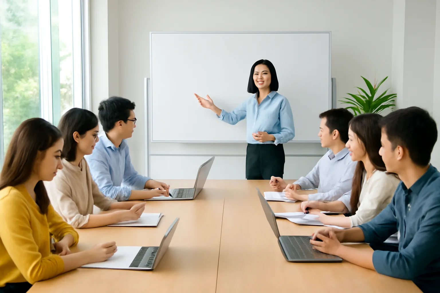 Nhóm nhân viên trẻ ghi chép trong lớp đào tạo nội bộ tại phòng họp sáng