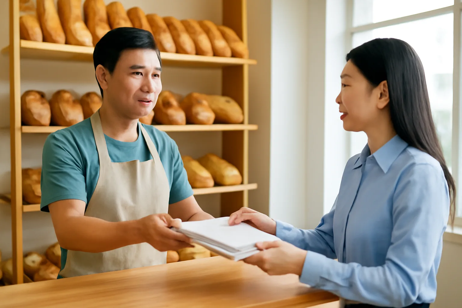 Chủ tiệm bánh trao tập chứng từ chi phí cho kế toán qua quầy hàng buổi sáng