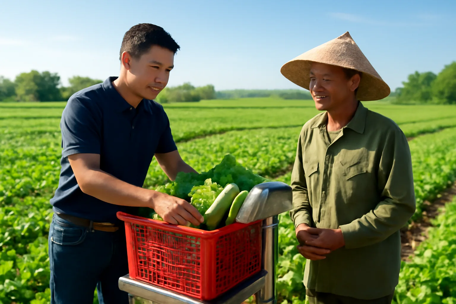 Nhân viên thu mua cân rổ rau tại vườn của nông dân để lập bảng kê mua hàng