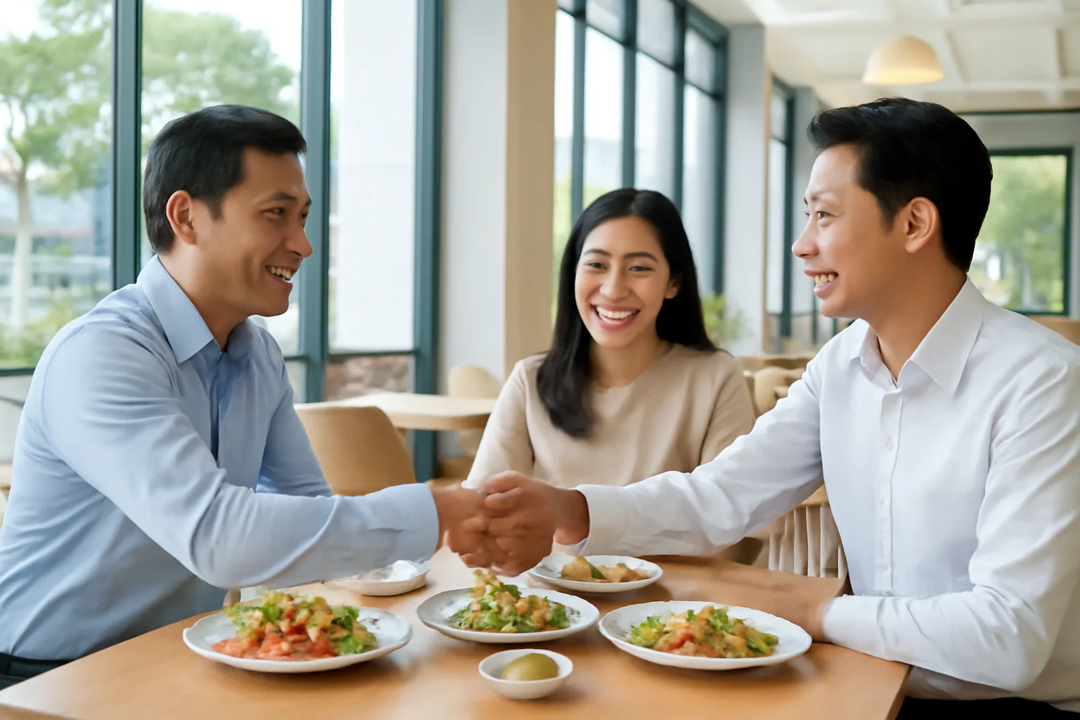 Hai đối tác bắt tay qua bàn ăn trưa trong nhà hàng sáng sủa sau buổi làm việc