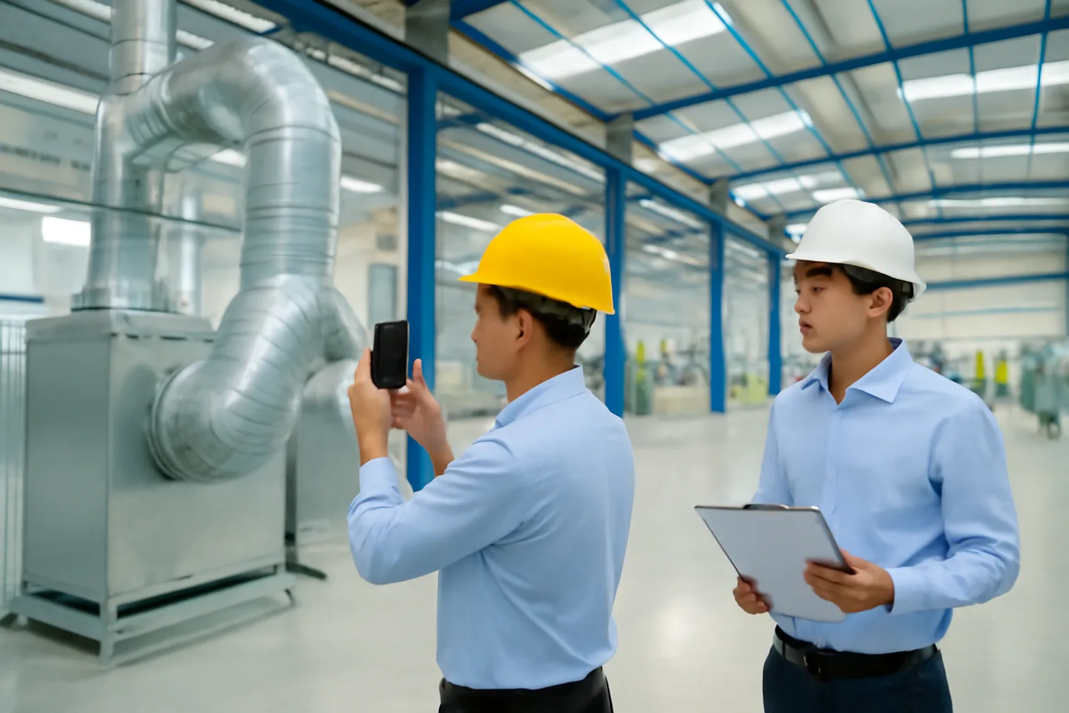 Quản lý dự án chụp ảnh thiết bị vừa lắp đặt trong nhà xưởng để lưu hồ sơ nghiệm thu
