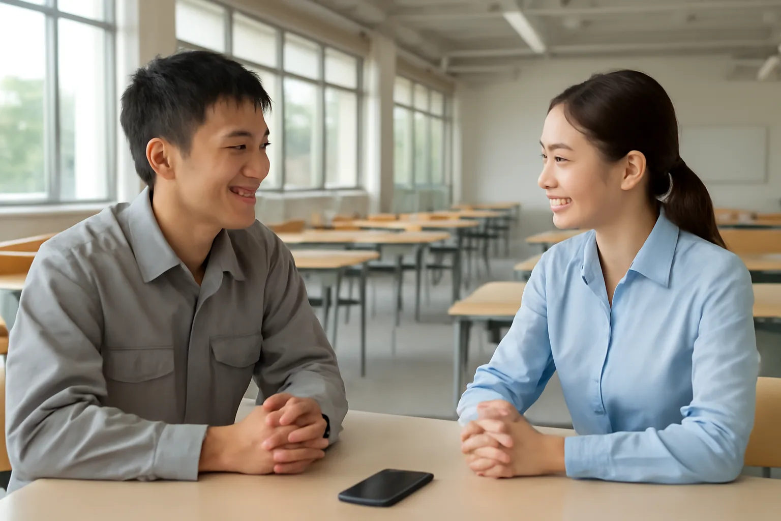 Công nhân nhà máy trao đổi với nhân viên nhân sự tại bàn căng tin, điện thoại úp trên bàn