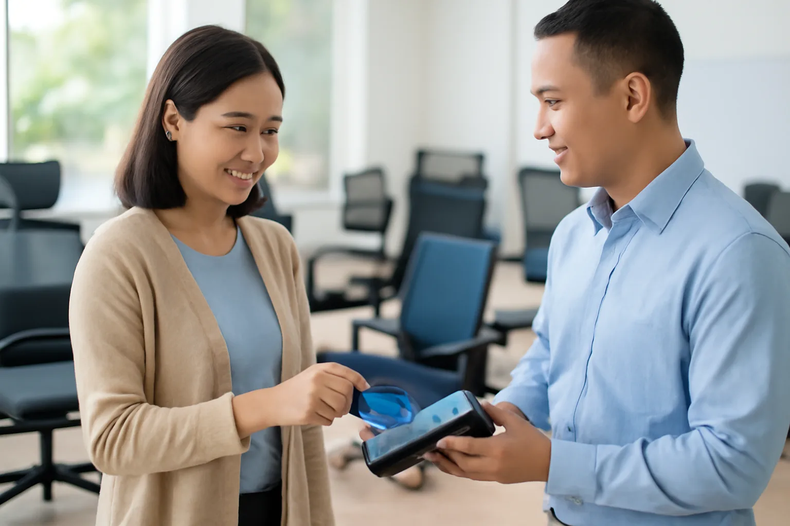 Nhân viên hành chính quẹt thẻ doanh nghiệp tại máy thanh toán ở phòng trưng bày nội thất