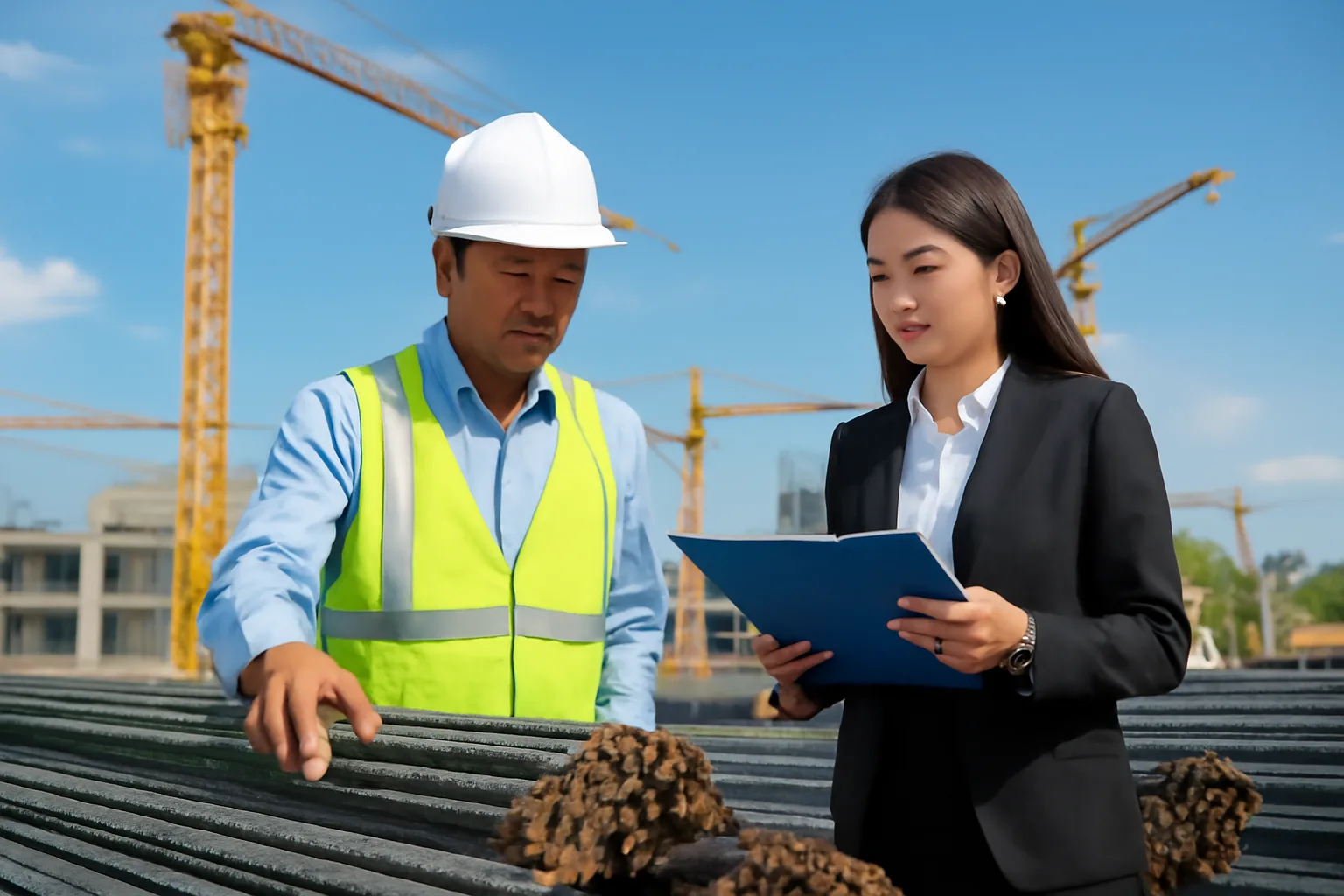 Kỹ sư công trường và kế toán kiểm vật tư thép tại công trình đang thi công