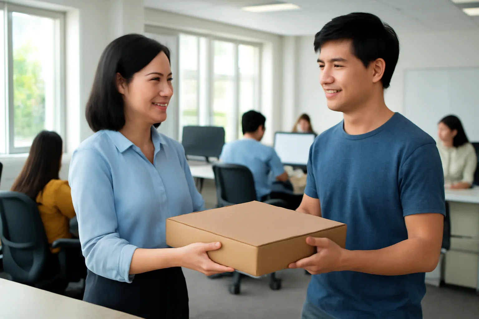 Nhân viên hành chính bàn giao máy tính xách tay mới cho lập trình viên