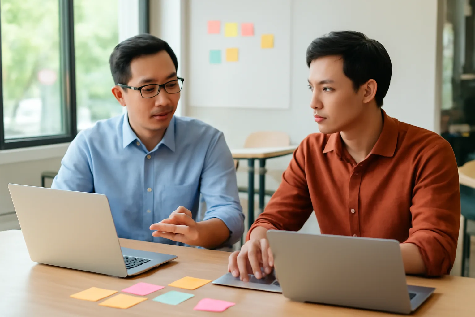 Trưởng nhóm phần mềm trao đổi yêu cầu công việc với lập trình viên bên ngoài