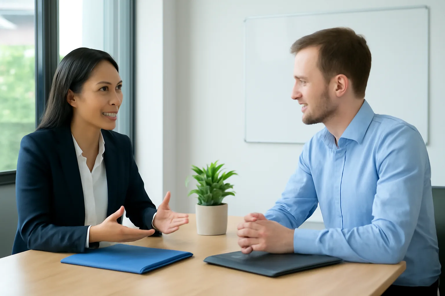 Quản lý nhân sự trao đổi với một chuyên gia nước ngoài về gói đãi ngộ trong phòng họp nhỏ