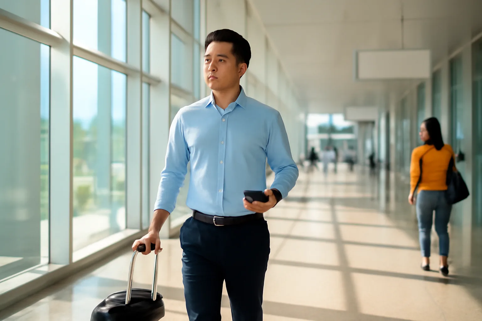 Nhân viên kinh doanh kéo vali qua sảnh sân bay nội địa vào buổi sáng
