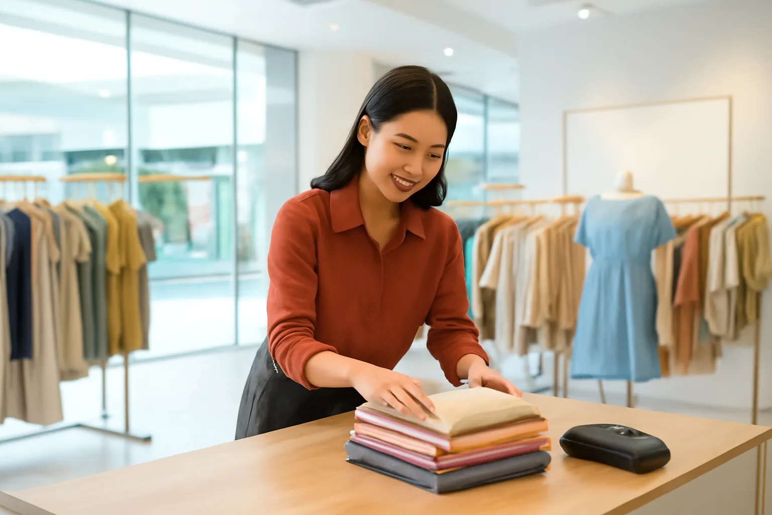 Quản lý cửa hàng thời trang trong trung tâm thương mại sắp xếp quầy trước giờ mở cửa