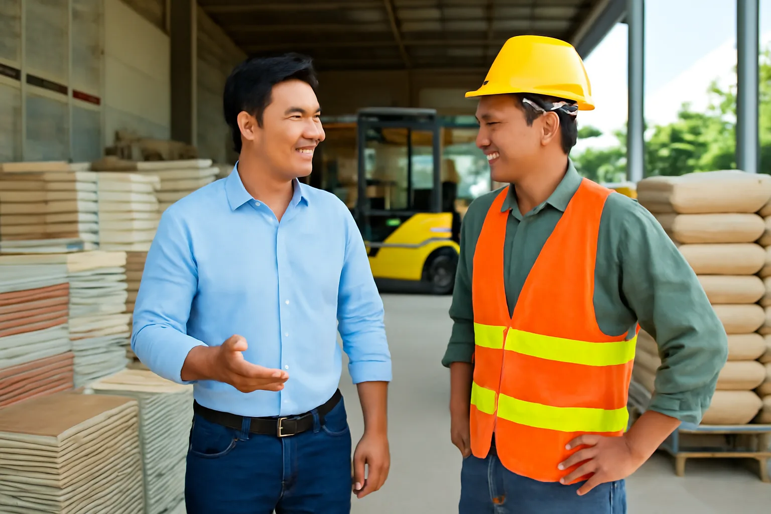 Chủ cửa hàng vật liệu xây dựng trao đổi với một người thợ tại kho gạch