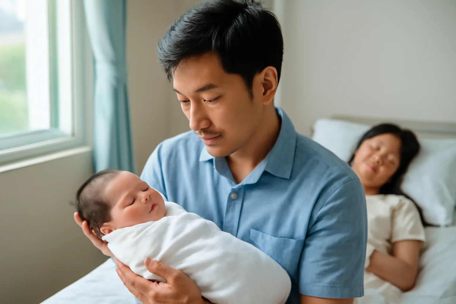 Người cha trẻ bế con mới sinh bên cửa sổ phòng bệnh viện sáng sủa