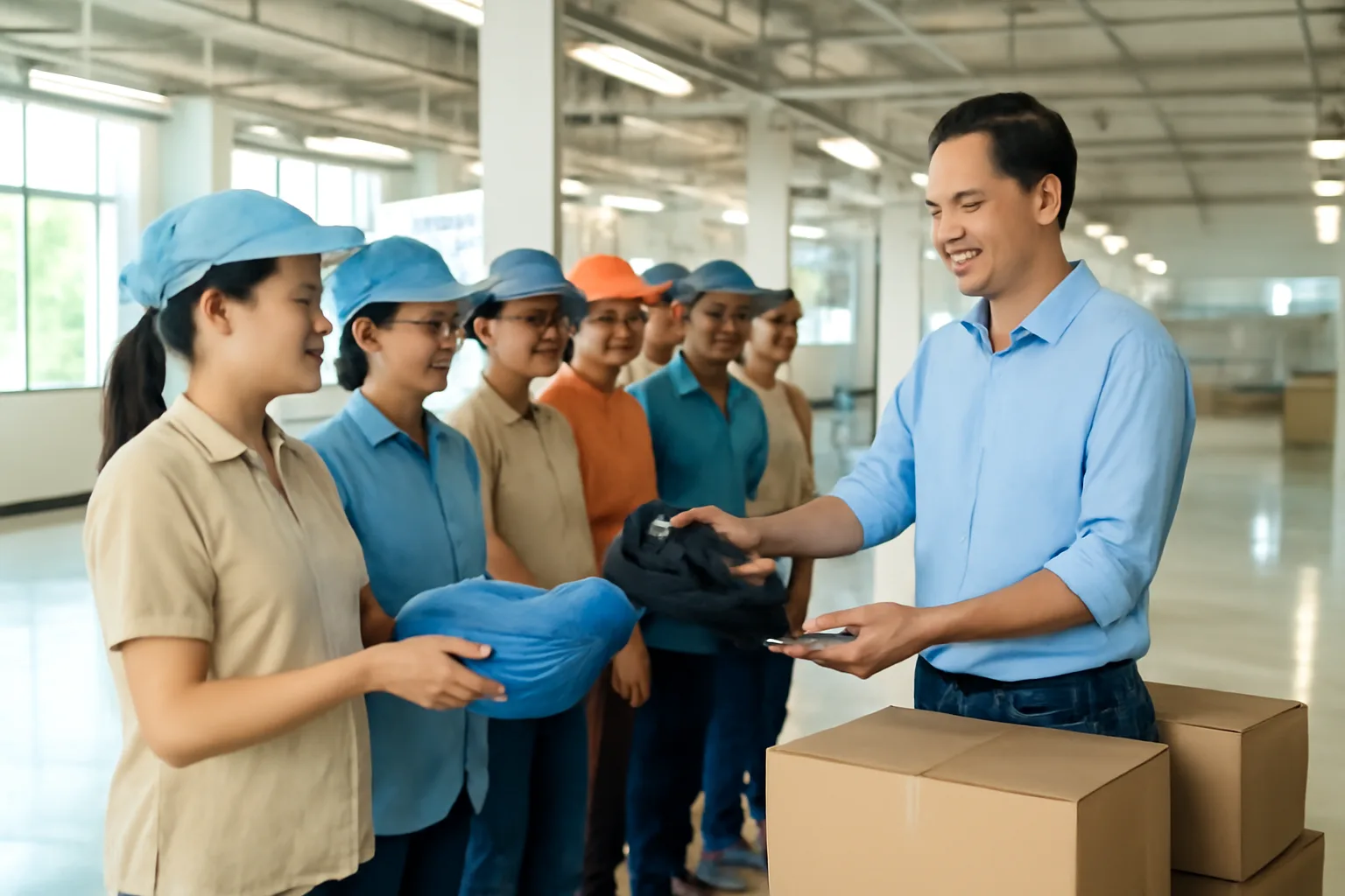 Nhân viên kho nhận áo đồng phục và giày bảo hộ mới, ký sổ cấp phát