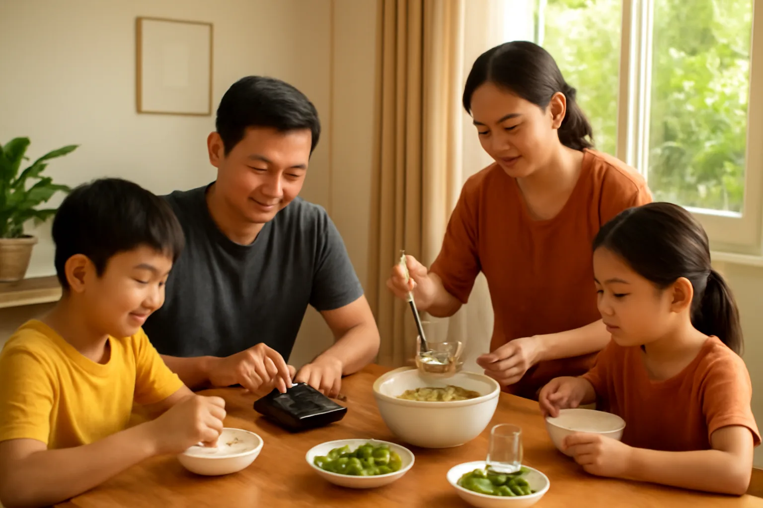 Gia đình bốn người ăn tối tại nhà, người cha tính toán bằng máy tính bỏ túi bên bàn