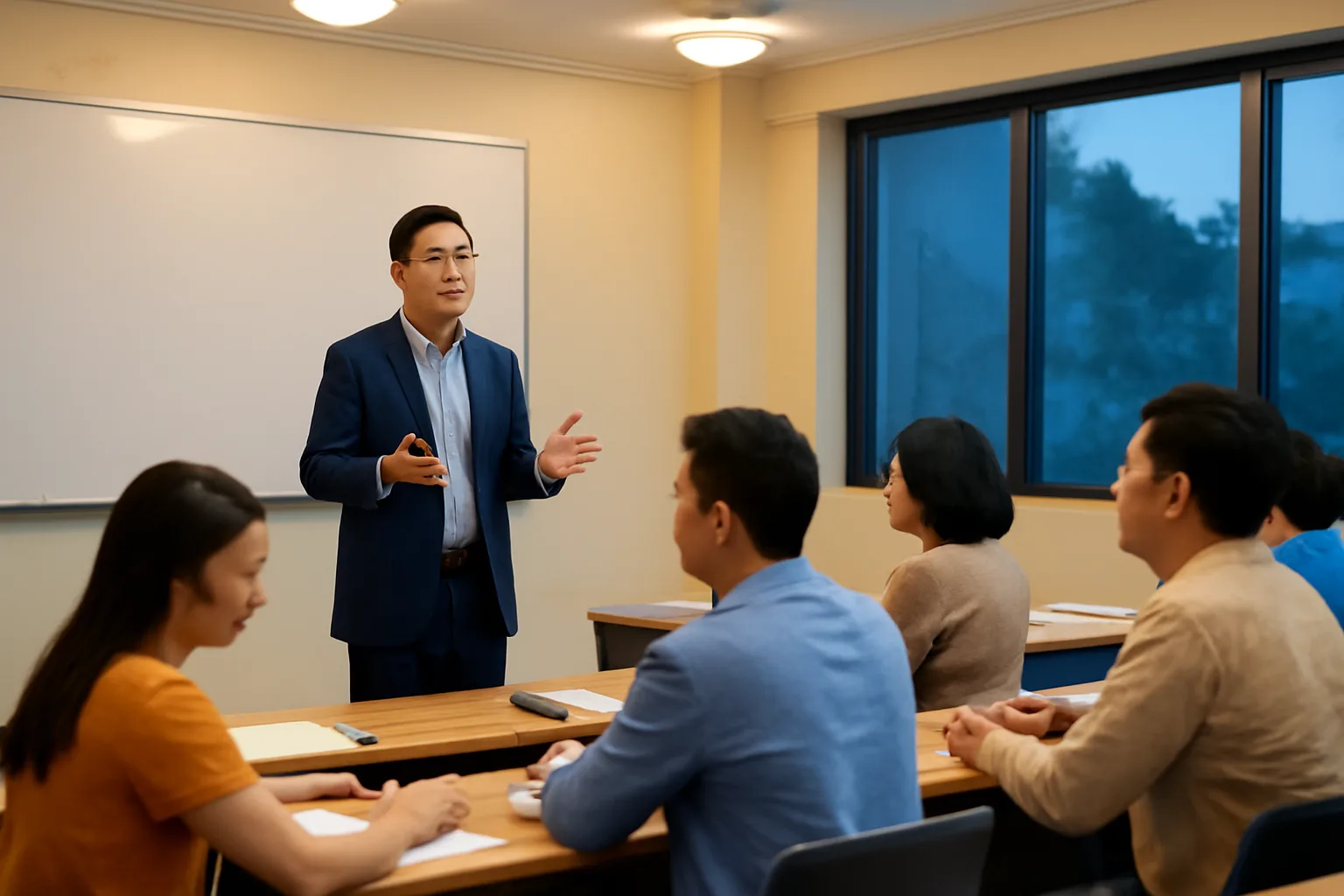 Giảng viên thỉnh giảng đứng lớp trước học viên người lớn trong phòng học buổi tối