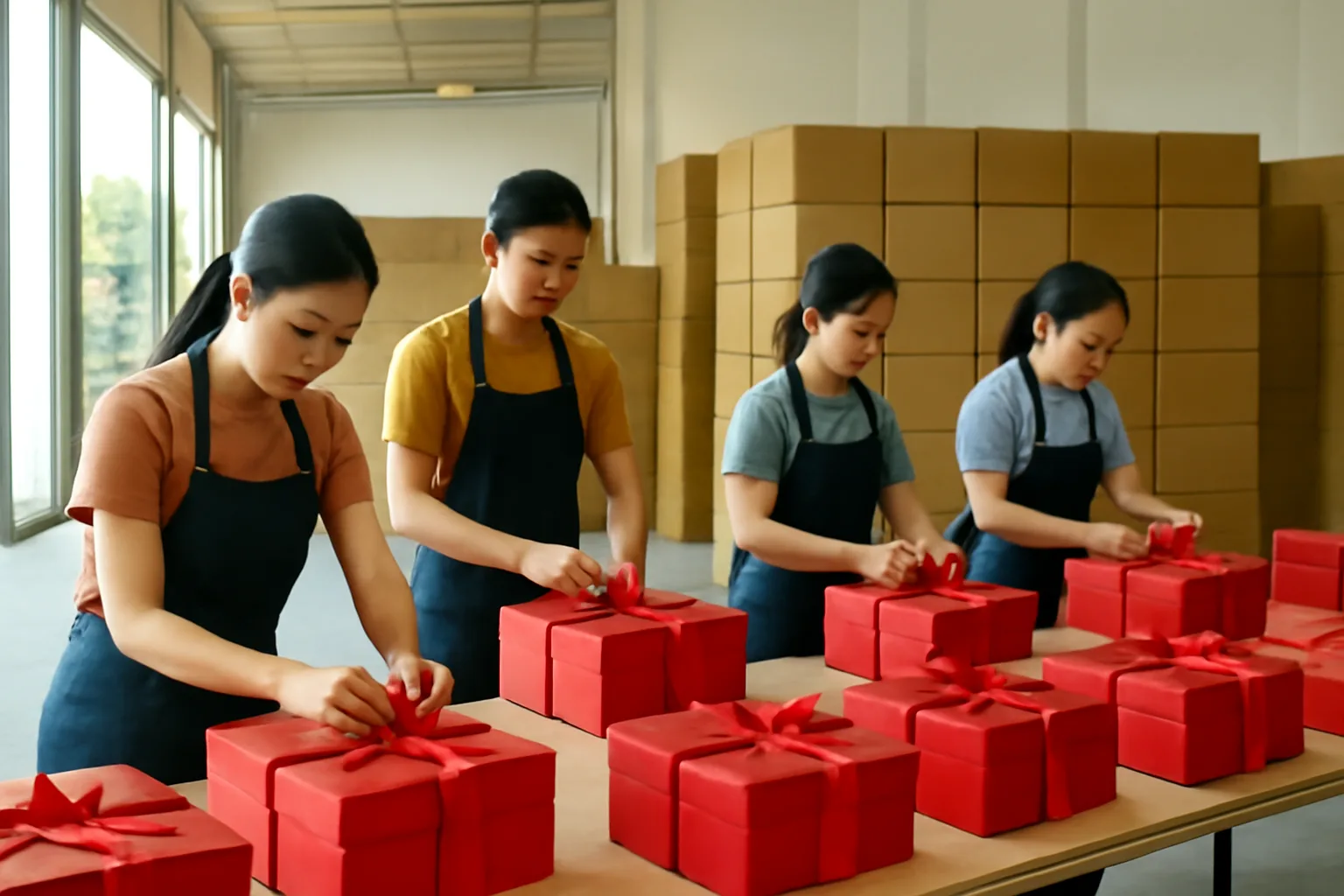 Nhân viên kho đóng gói hộp quà Tết thắt nơ trên bàn dài trong nhà kho sáng sủa