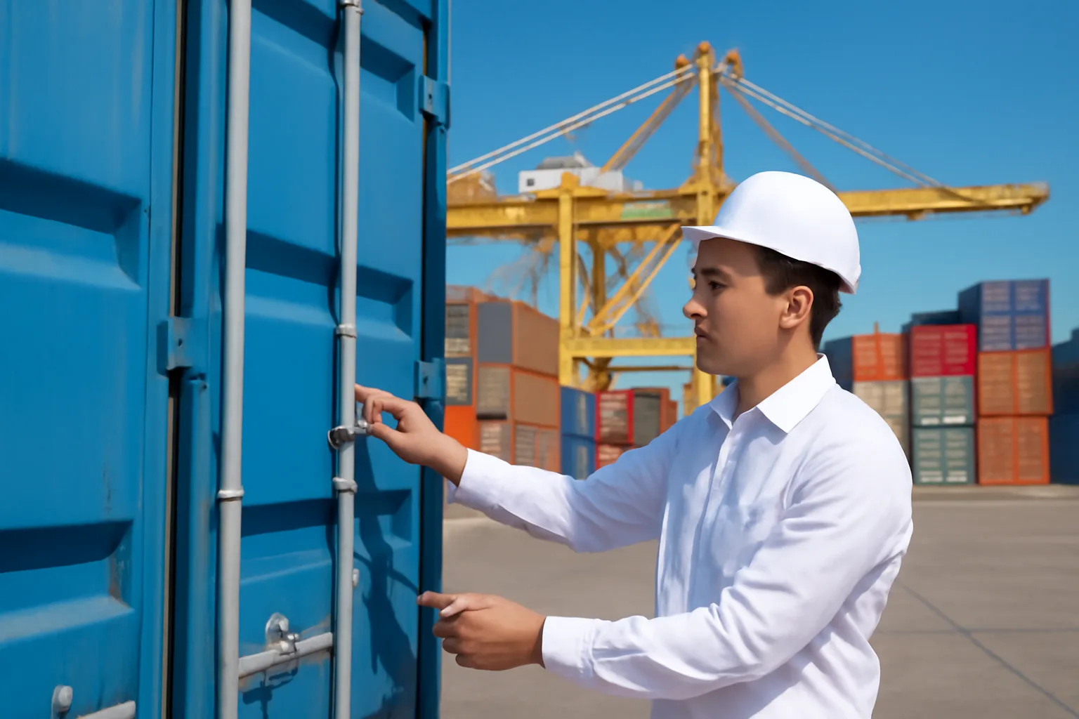 Nhân viên xuất nhập khẩu kiểm tra niêm phong container tại cảng vào buổi sáng