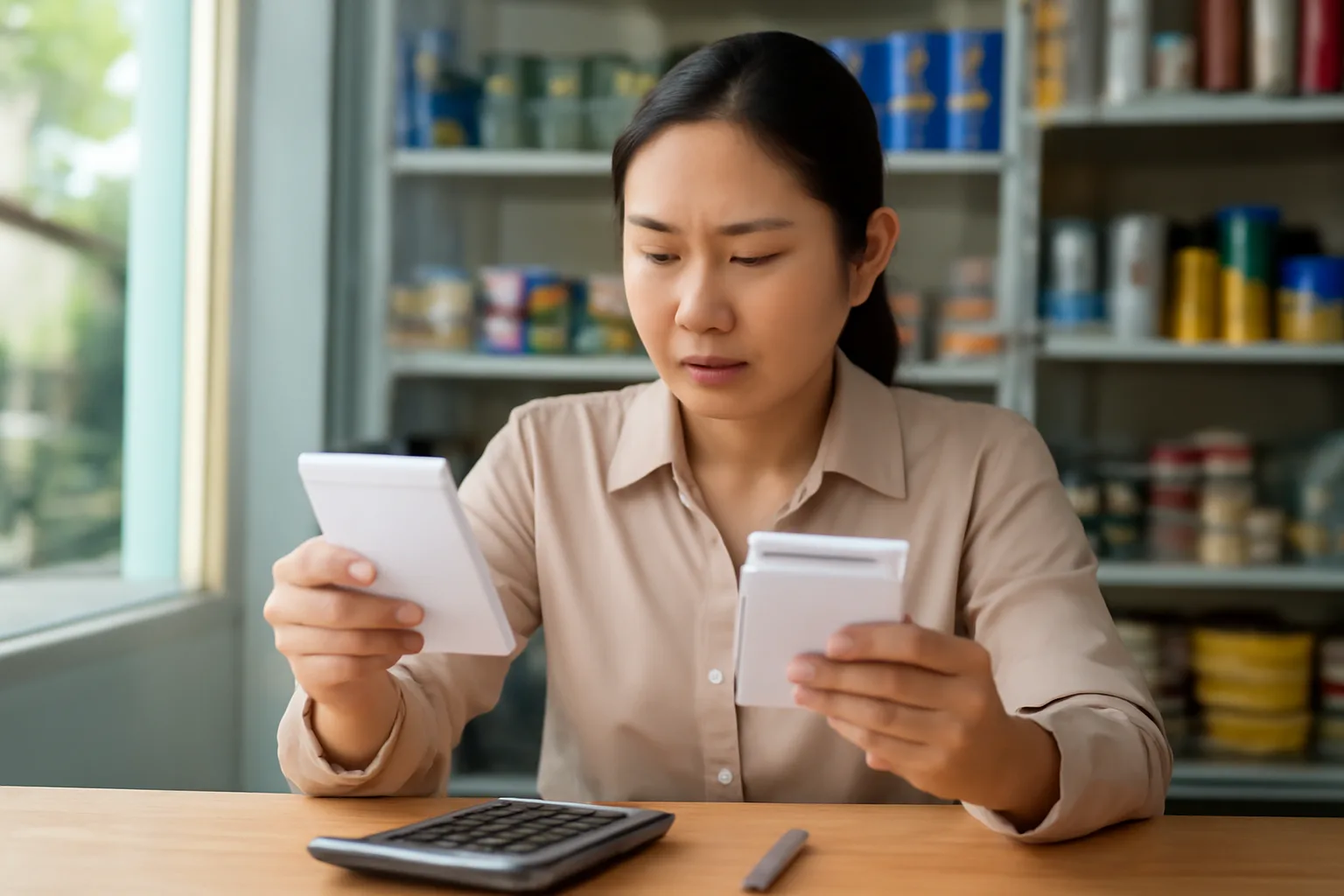 Kế toán cửa hàng vật tư so hai xấp hoá đơn đặt cạnh nhau trên bàn gỗ