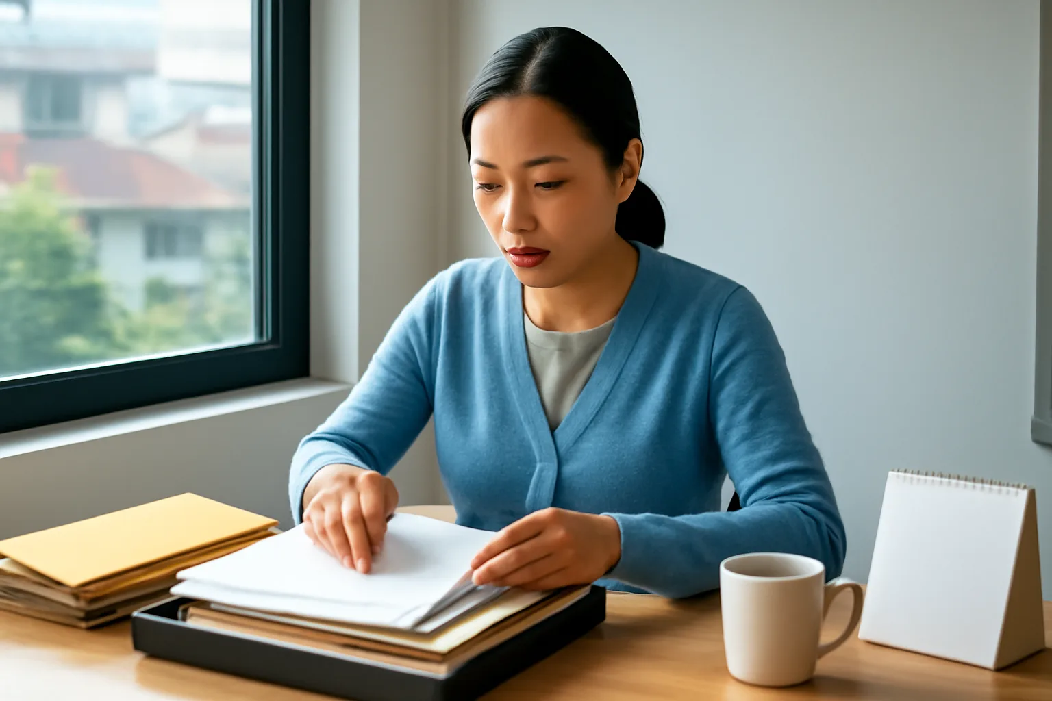 Kế toán trưởng rà danh sách hoá đơn chờ về bên cửa sổ văn phòng dịp cuối năm
