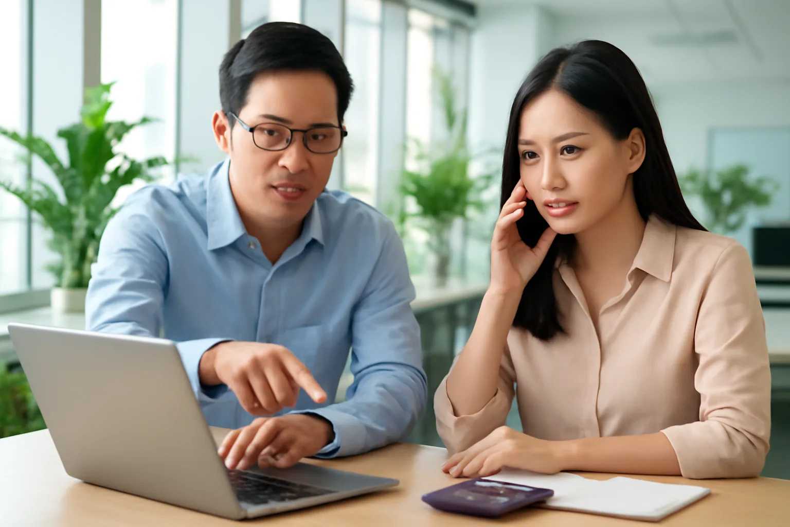 Nhân viên mua hàng và kế toán cùng xem lại hoá đơn trên máy tính xách tay tại bàn làm việc