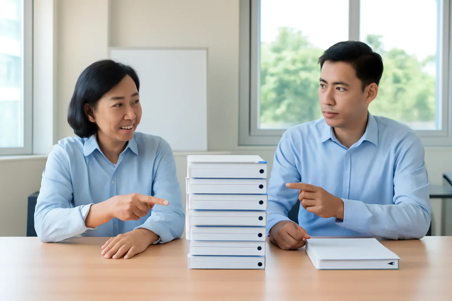 Hai kế toán đối chiếu xấp hồ sơ hoá đơn mua vào bên chiếc bàn dài trong văn phòng