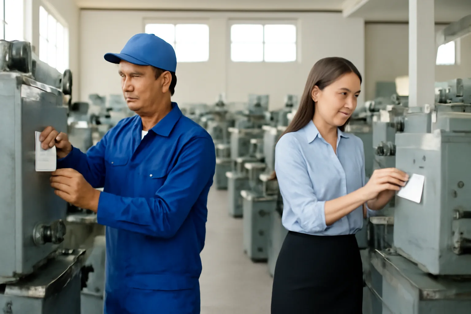 Kỹ thuật viên và kế toán dán nhãn kiểm kê lên máy móc trong xưởng sản xuất nhỏ