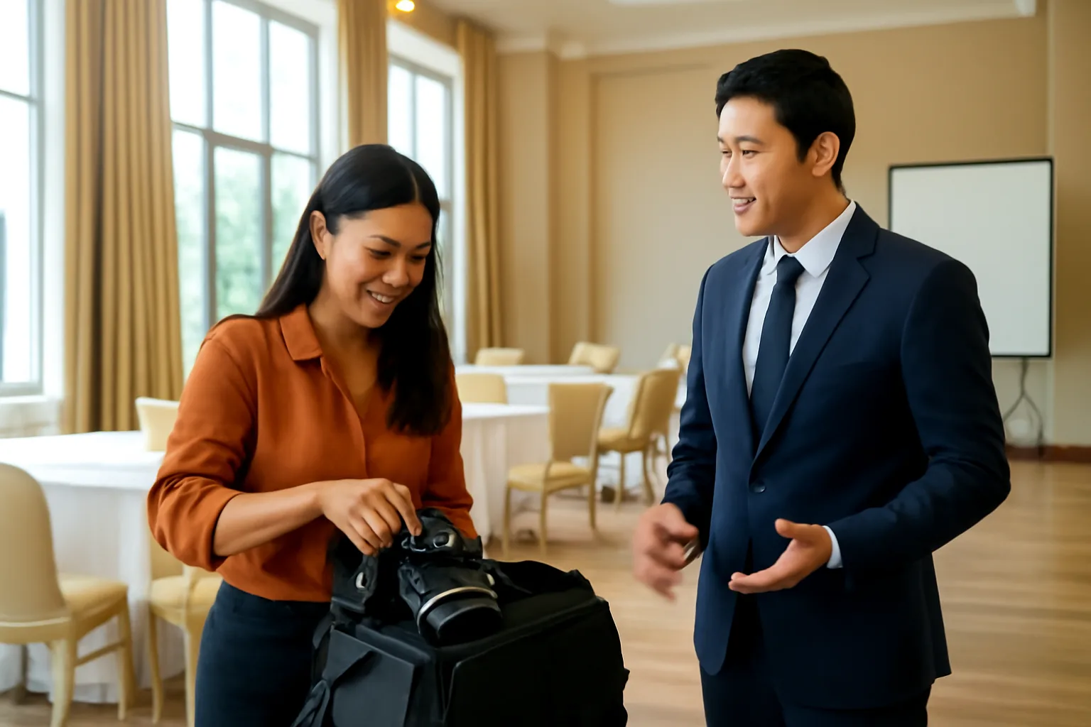 Nhiếp ảnh gia tự do thu dọn thiết bị sau sự kiện trong hội trường, người phụ trách đứng bên trao đổi
