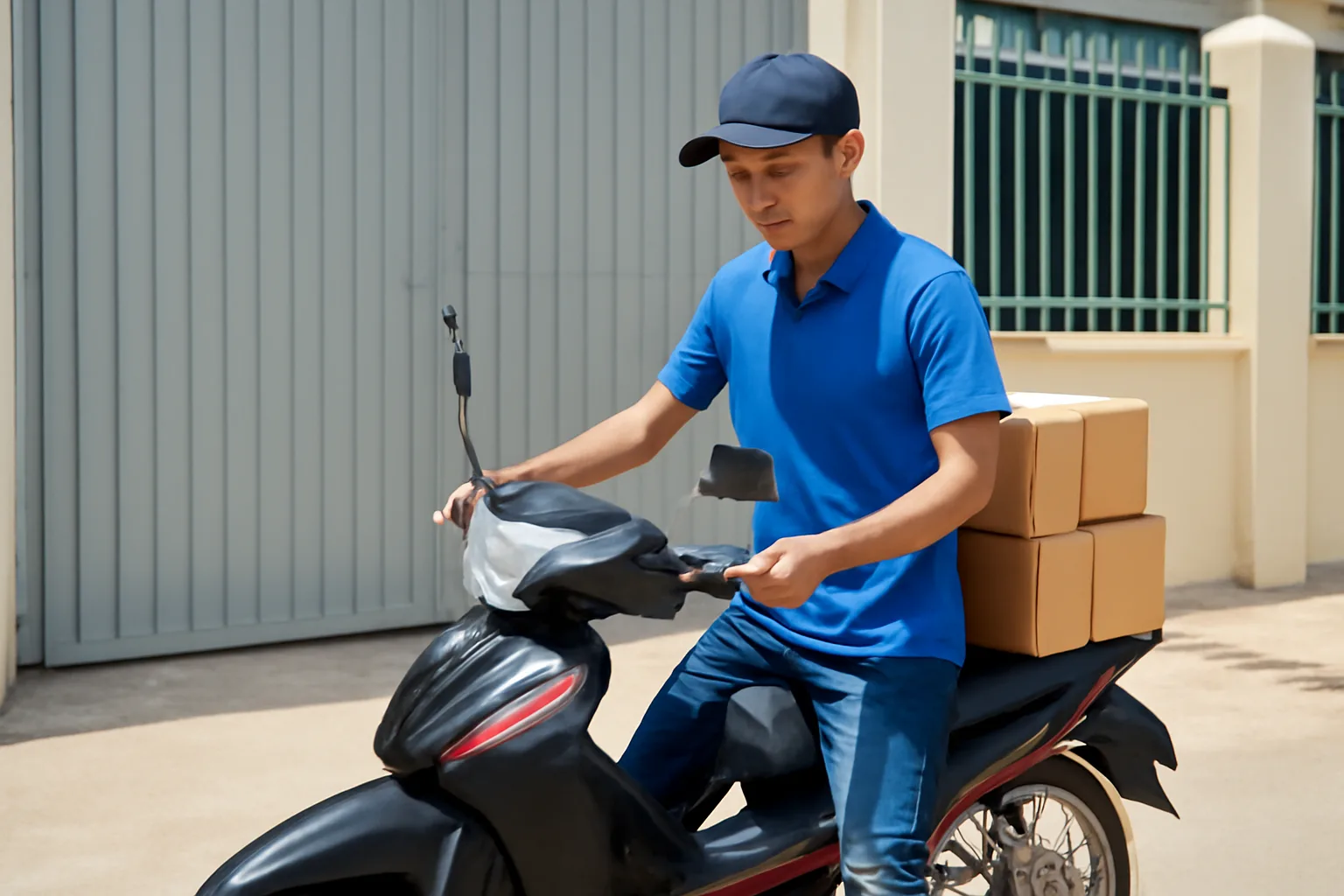 Nhân viên giao hàng dựng xe máy trước cửa kho, điện thoại cầm tay