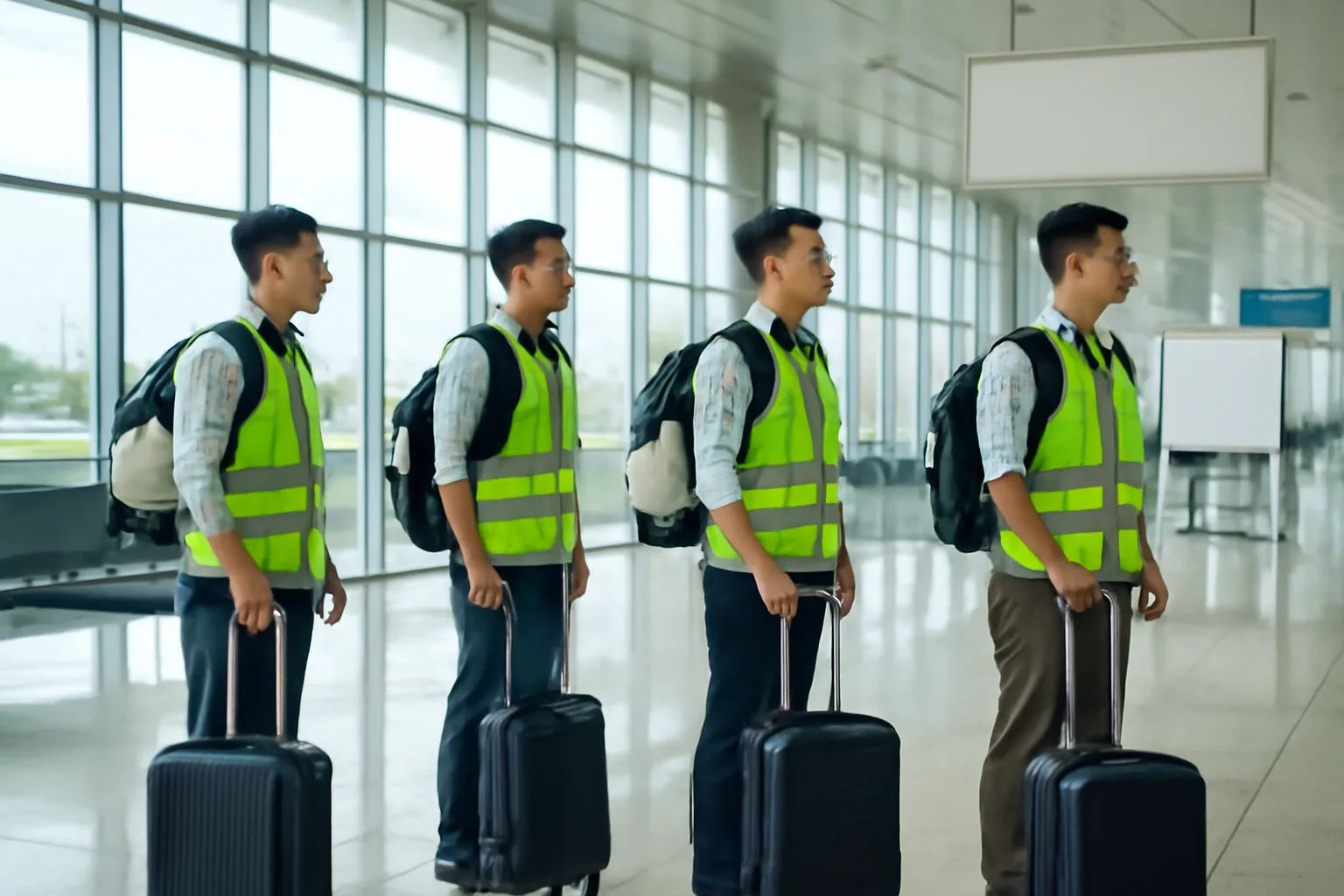 Nhóm kỹ sư Việt Nam mặc áo phản quang chuẩn bị ra sân bay đi công trình nước ngoài