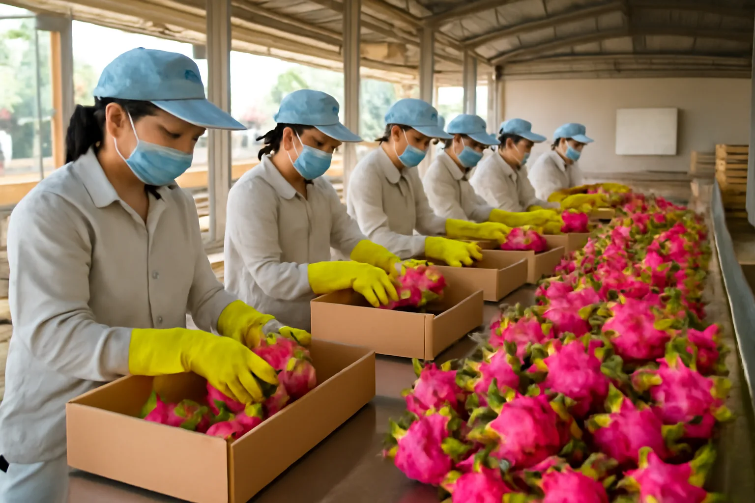 Công nhân thời vụ đóng thùng trái cây tại xưởng sơ chế nông sản