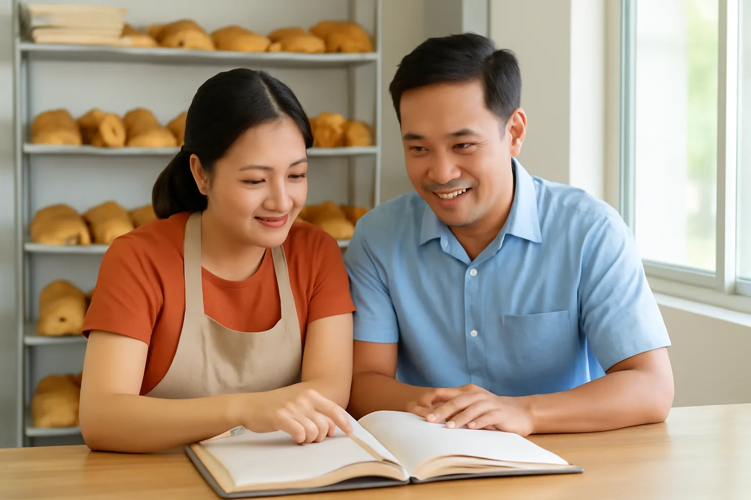 Hai vợ chồng chủ cửa hàng gia đình cùng xem sổ sách tại quầy
