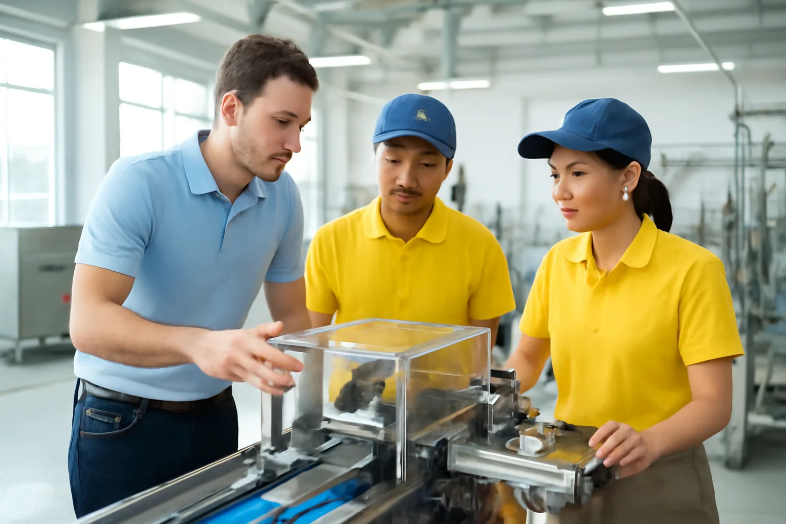 Kỹ sư nước ngoài hướng dẫn công nhân Việt Nam vận hành dây chuyền mới trong nhà máy