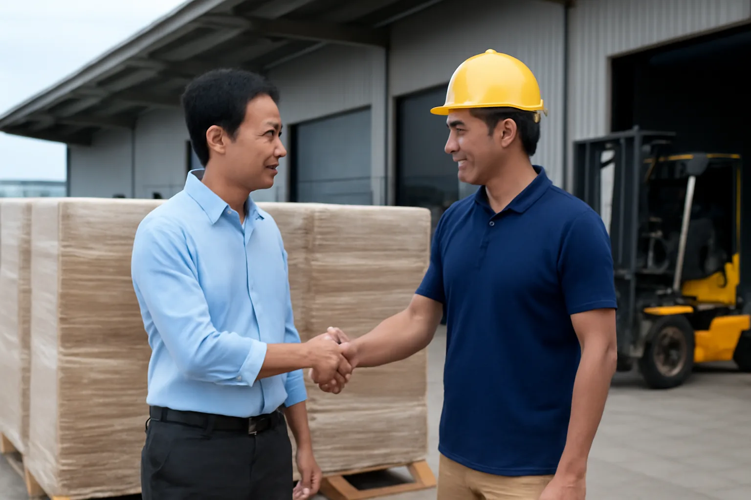 Người mua và nhà cung cấp bắt tay bên cạnh các kiện hàng tại bến bốc dỡ của kho