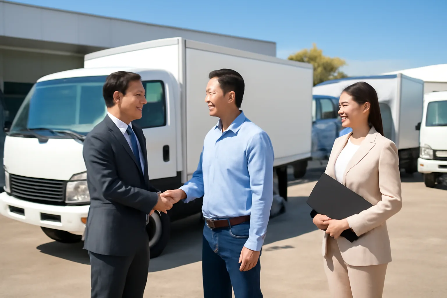 Kế toán và giám đốc nhận bàn giao xe tải nhẹ mới tại bãi xe công ty