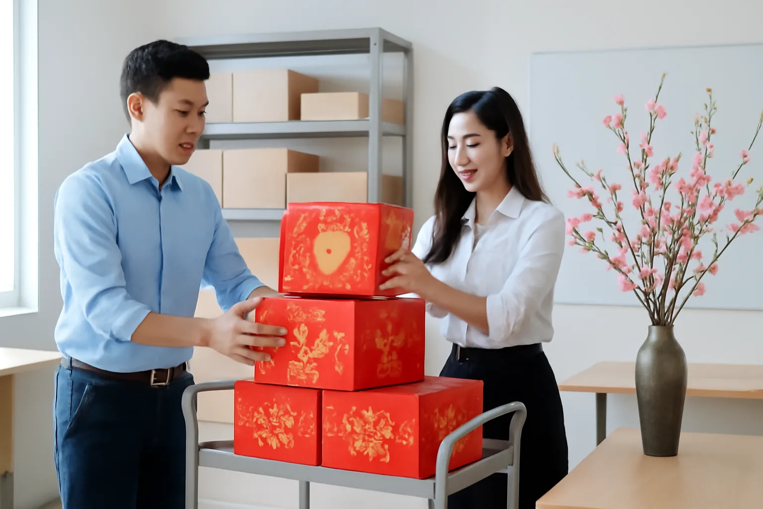 Nhân viên văn phòng xếp các hộp quà Tết màu đỏ lên xe đẩy trong kho