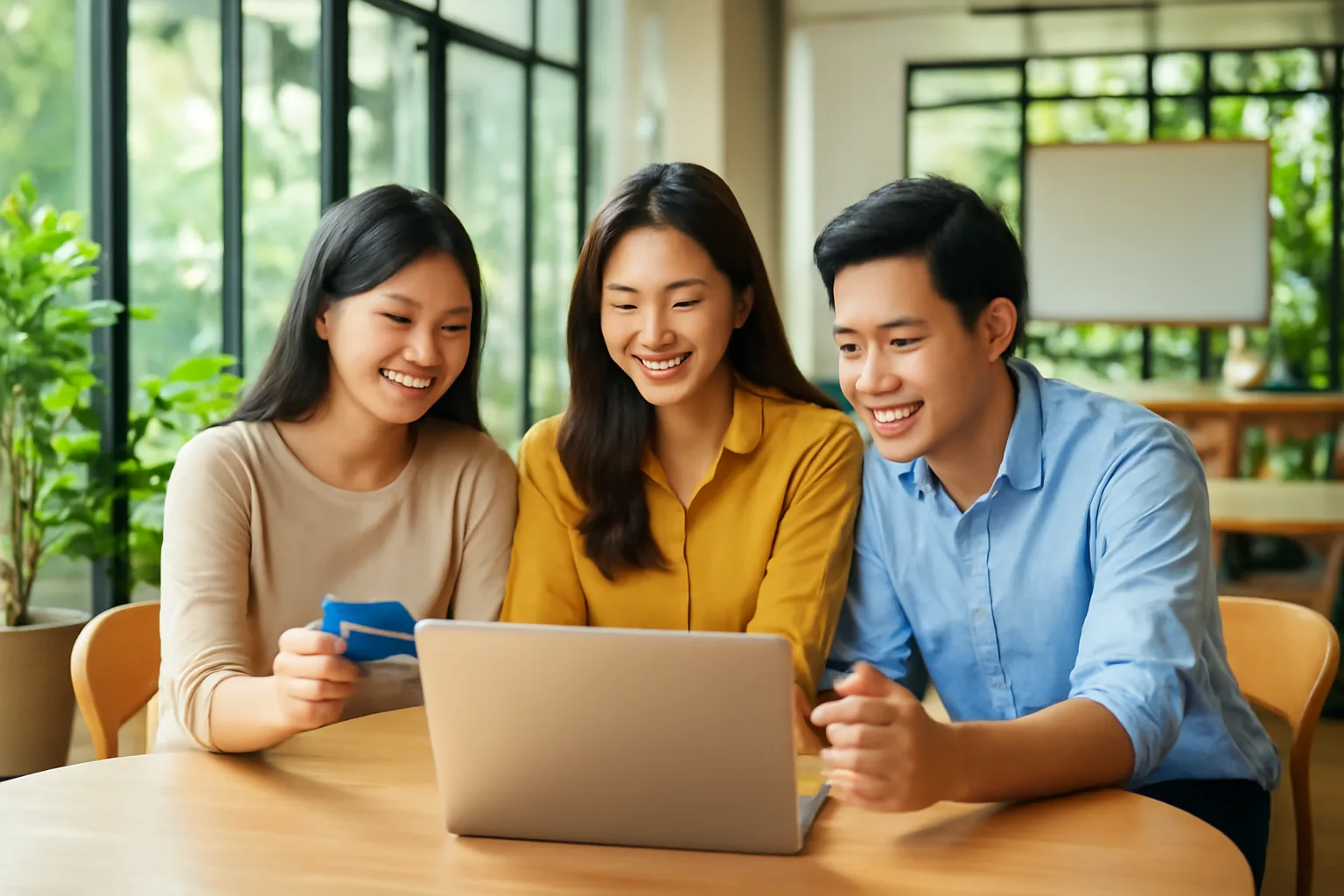Nhóm tiếp thị trẻ bàn kế hoạch quảng cáo trực tuyến quanh máy tính xách tay trong không gian làm việc chung