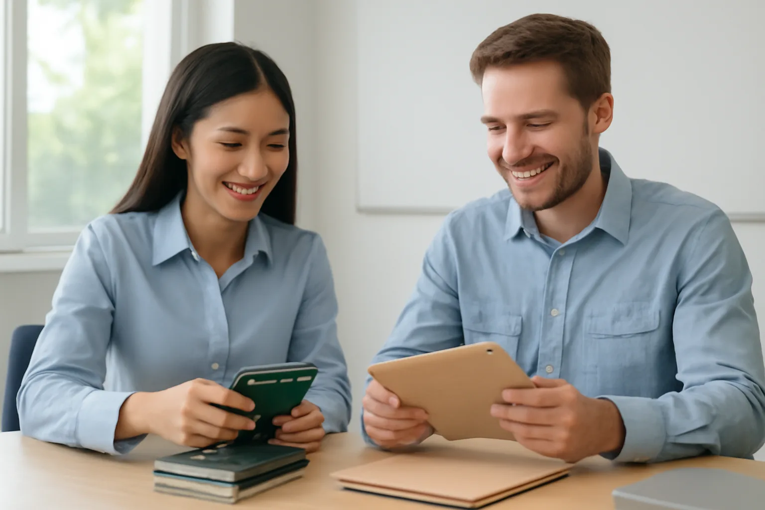 Nhân viên nhân sự hướng dẫn một kỹ sư nước ngoài sắp xếp giấy tờ gia đình