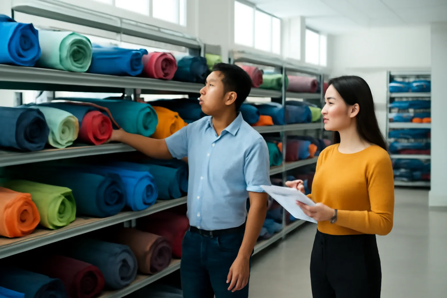 Tổ trưởng xưởng may và kế toán kiểm đếm cuộn vải còn lại trong kho