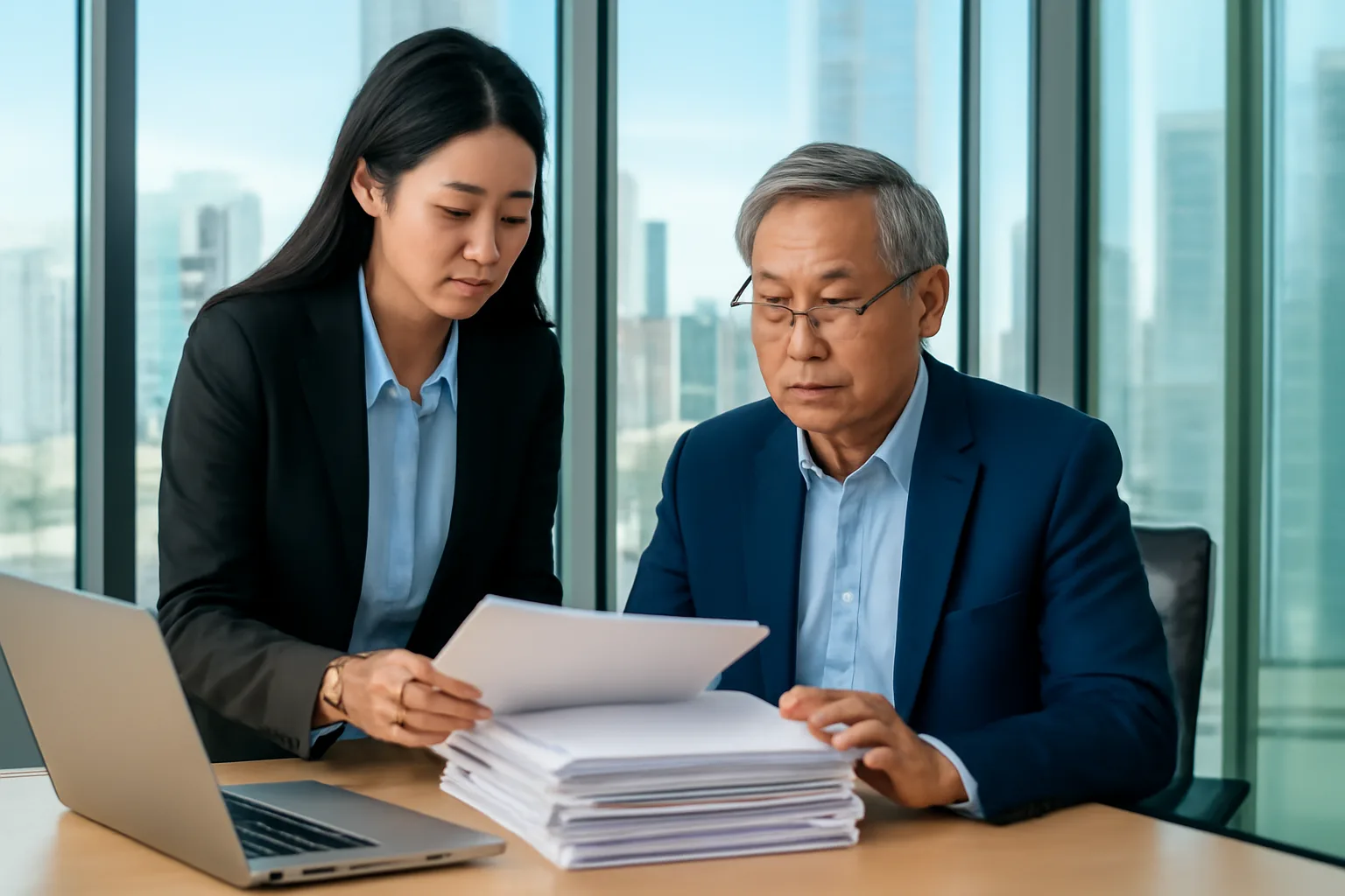 Trưởng phòng tài chính cùng đồng nghiệp rà danh sách thuê bao dịch vụ trong phòng họp kính