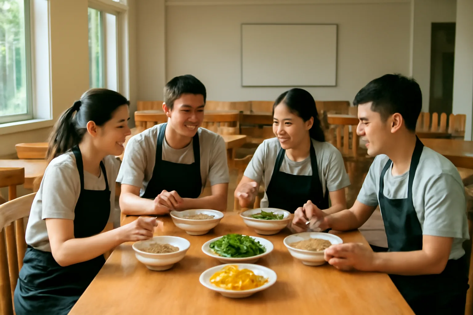 Nhân viên nhà hàng ngồi ăn bữa ca chung trước giờ phục vụ tối