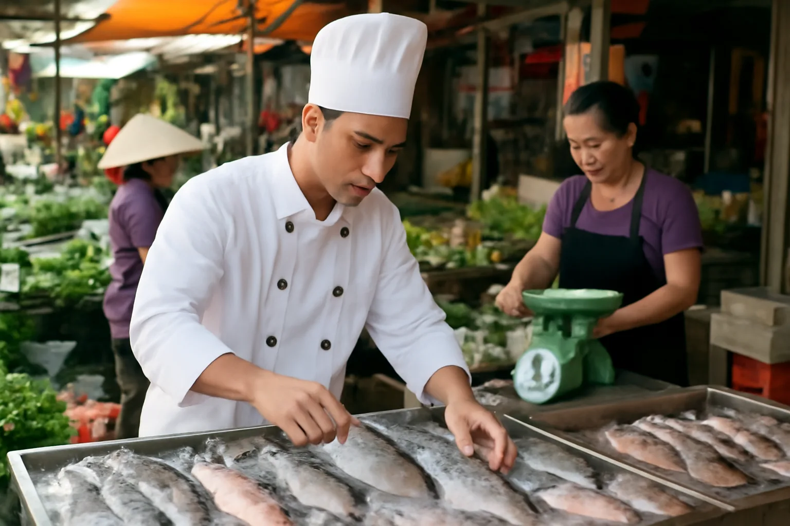 Bếp trưởng nhà hàng chọn cá tươi tại sạp chợ đầu mối lúc sáng sớm