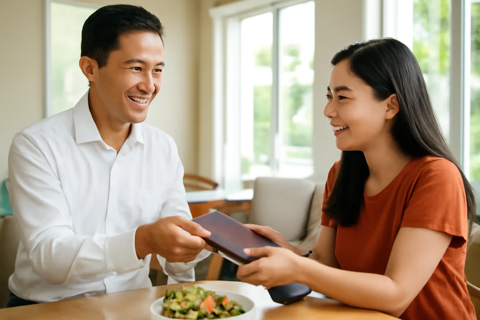 Nhân viên phục vụ khách sạn nhận khay tính tiền từ khách tại bàn ăn