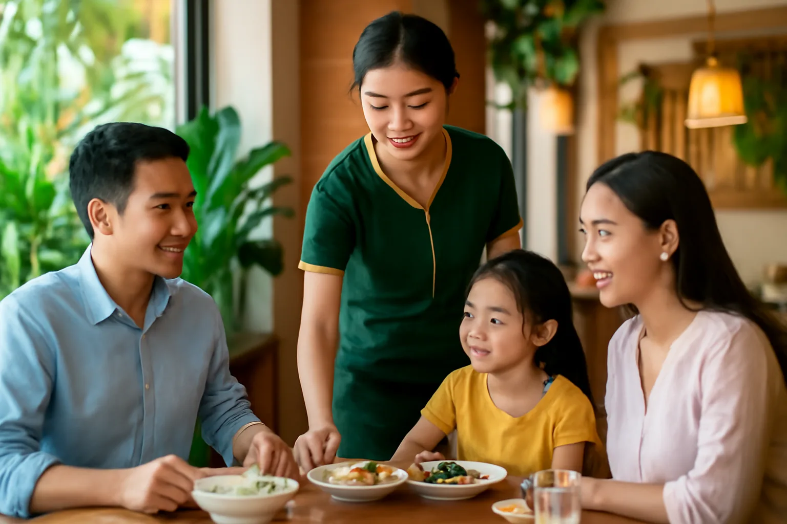 Nhân viên nhà hàng mang món tráng miệng tặng kèm ra bàn khách