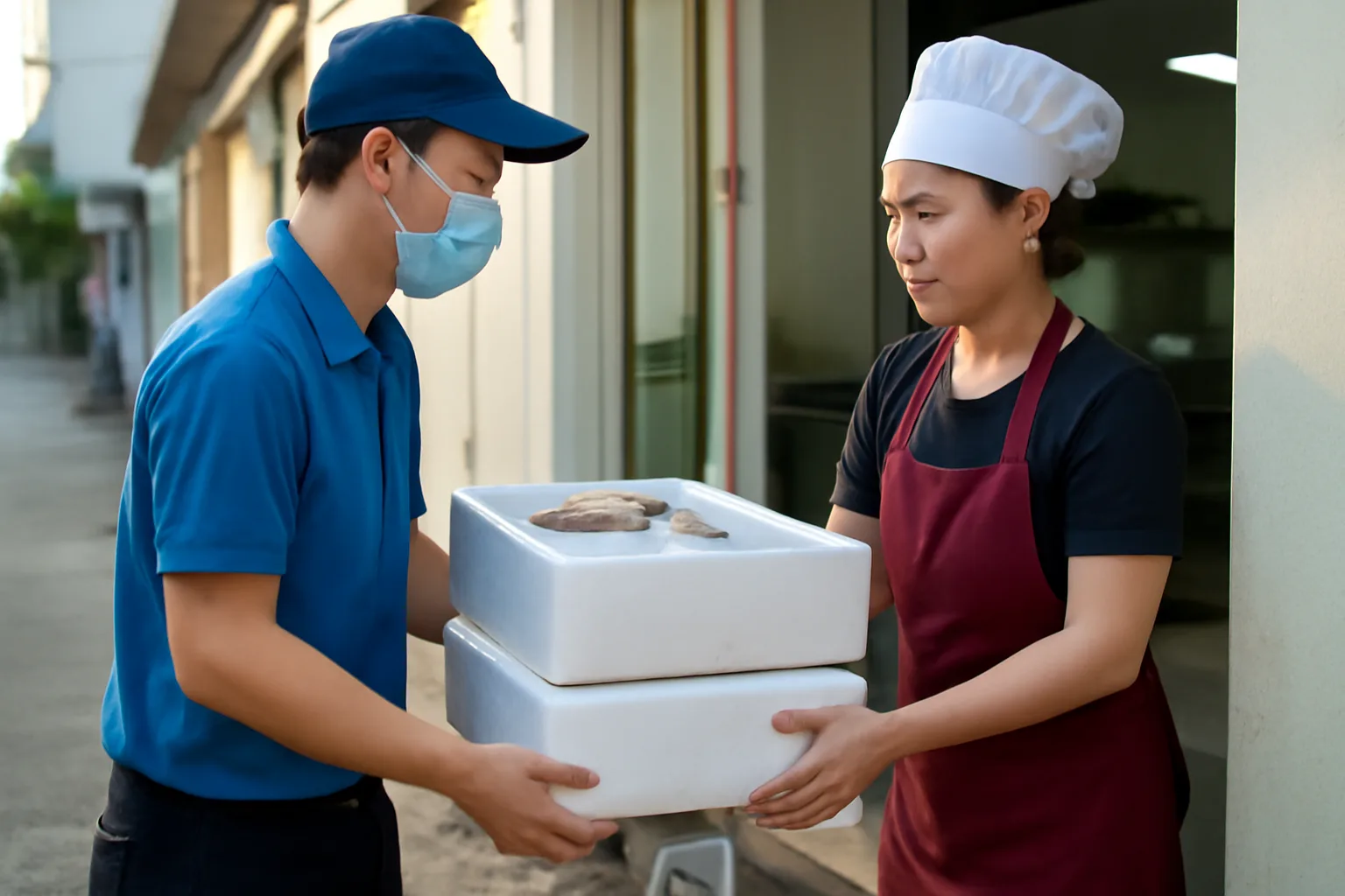 Nhân viên nhà hàng nhận thùng hải sản từ người giao hàng lúc sáng sớm