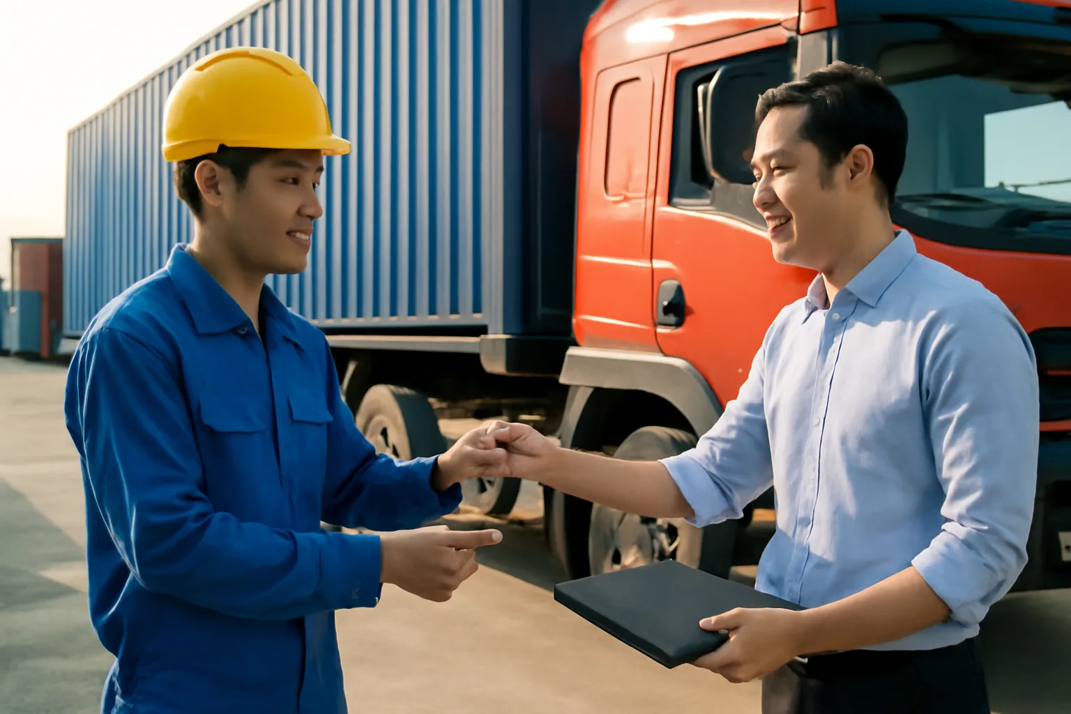 Tài xế xe tải nhận chìa khoá và túi hồ sơ chuyến hàng từ điều phối viên