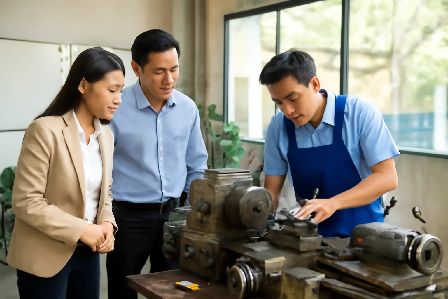Hai thành viên góp vốn cùng thợ kỹ thuật kiểm tra máy tiện trong xưởng cơ khí
