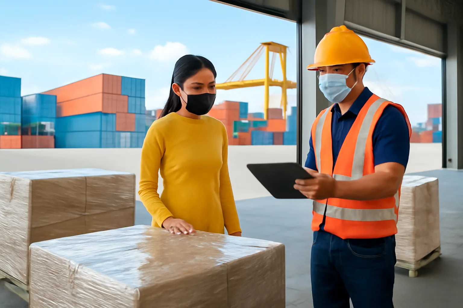 Chủ cửa hàng và nhân viên giao nhận kiểm tra lô hàng nhập tại kho gần cảng
