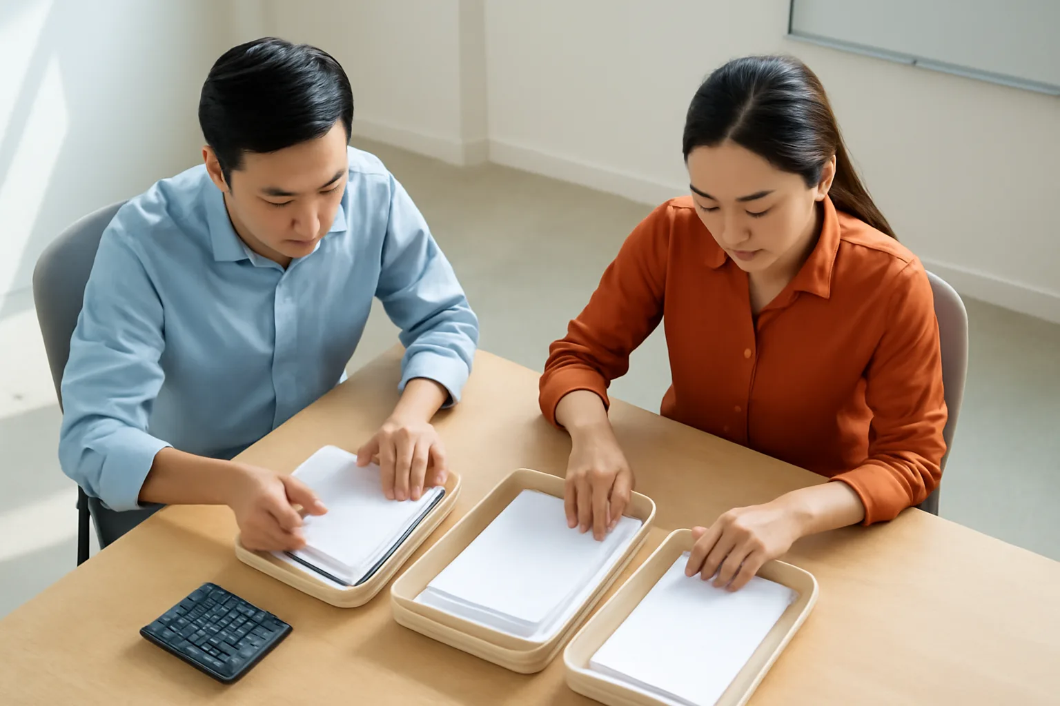 Kế toán trưởng cùng giám đốc trung tâm đào tạo rà lại bảng phân bổ bên bàn họp