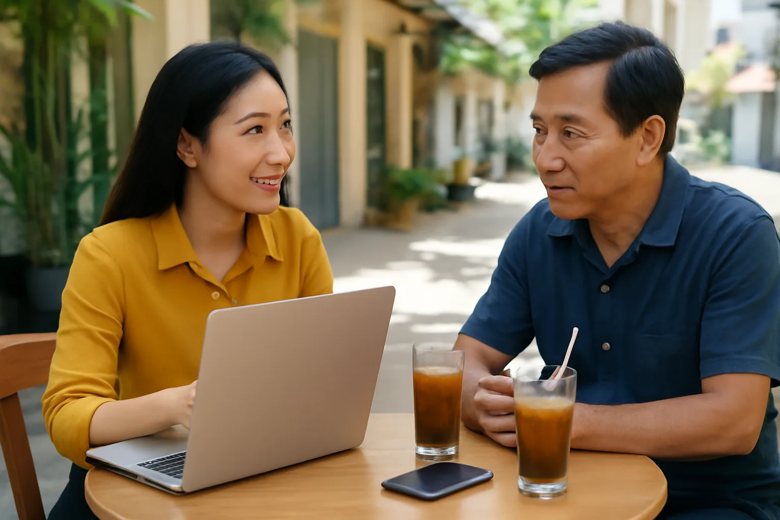 Người làm tự do ngồi làm việc với máy tính xách tay tại quán cà phê cạnh chủ cửa hàng